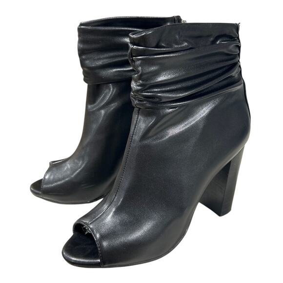 FSJ Womens Size 8 Black 4" Chunky Heel Ankle Boots Round Peep Toe Back Zip Shoes - Picture 7 of 9